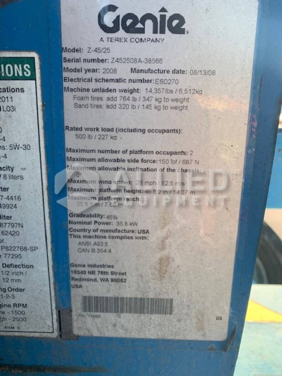 Used 2008 Genie Z-45/25J IC (Serial #Z452508A-38566) - Image 10