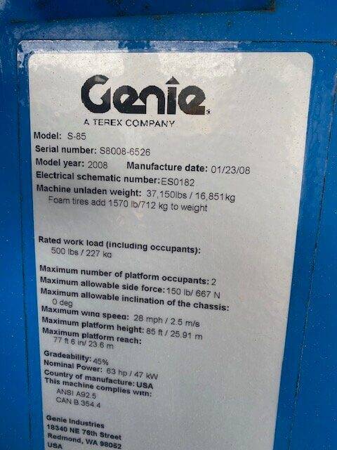 2008 Genie S-85 (Serial # S8508-6526) - Image 6