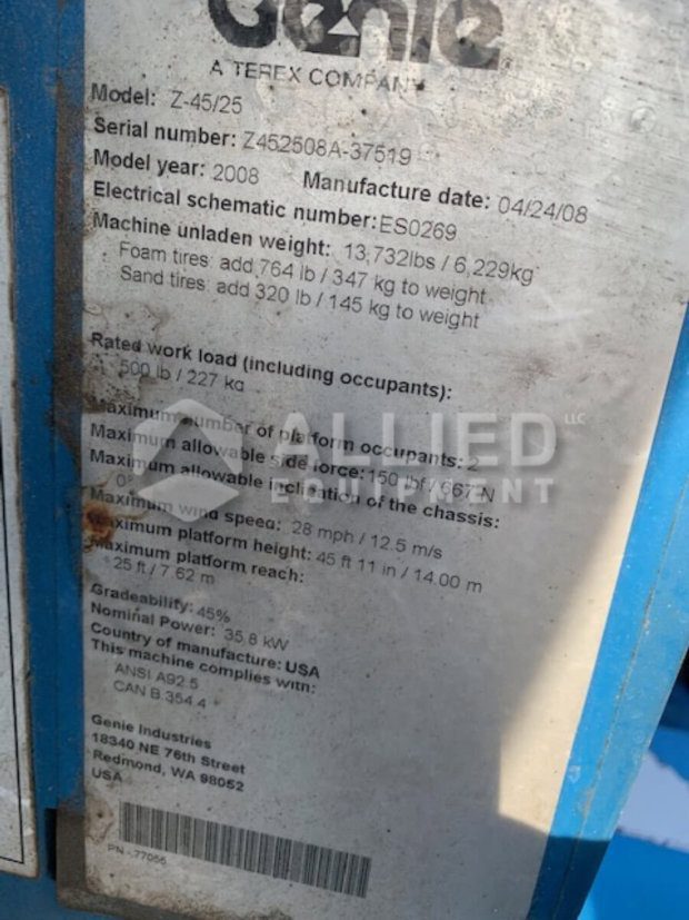 Used 2008 Genie Z-45/25 IC (Serial # Z452508A-37519) - Image 13