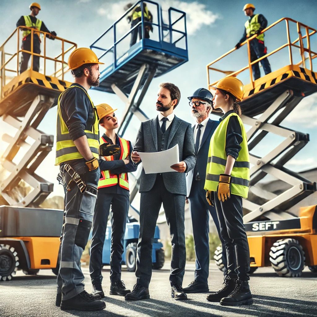Choosing a Lift Equipment Provider A team of experienced professionals at a construction site discussing project plans with various types of lift equipment in the background